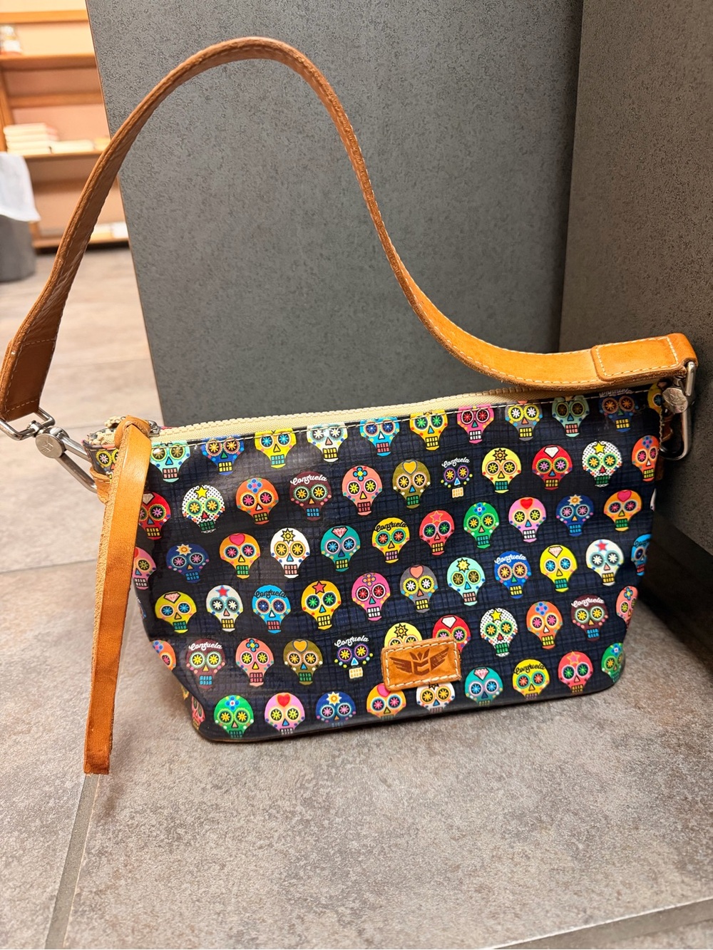 Sugar Skull Print Wristlet with Tan Leather Trim - Picture 3 of 4